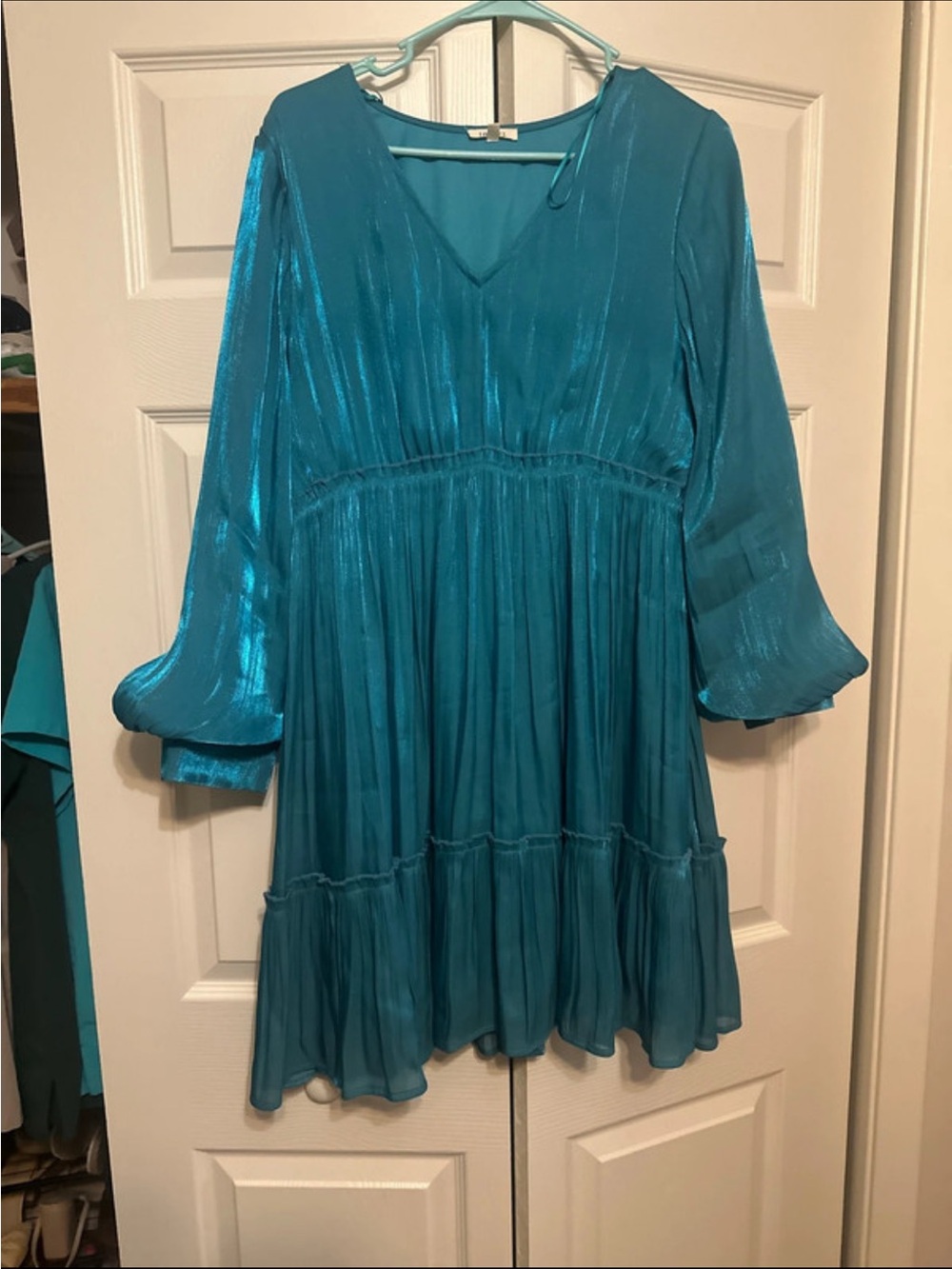JODIFL Teal V-Neck Tiered Shimmer Dress